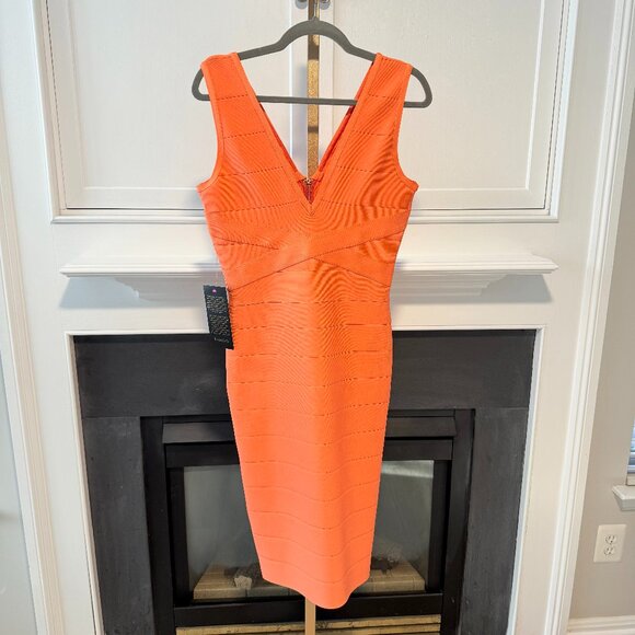 🧡 Coral Reef Bandage Dress | Double V Bodycon | Medium - Picture 1 of 11